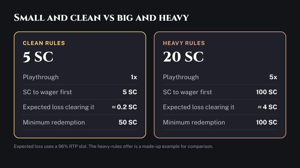 Comparison of a 5 SC bonus with 1x playthrough and 50 SC minimum against a 20 SC bonus with 5x playthrough and 100 SC minimum